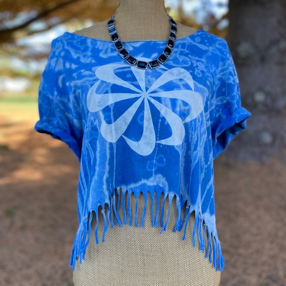 Nike Swoosh Bleach Blue Distressed Fringe Lucky Festival Tee L
